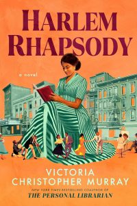 Orange book cover with Harlem Rhapsody in large purple lettering above the image of a Black woman in a green dress reading. She is as large as the green images of the city block behind her. Black men and women dance, play instruments, and paint across the front of the street and the hem of her dress.