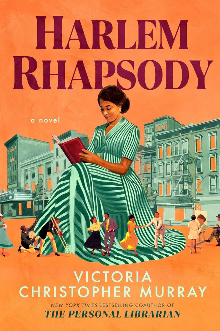 Orange book cover with Harlem Rhapsody in large purple lettering above the image of a Black woman in a green dress reading. She is as large as the green images of the city block behind her. Black men and women dance, play instruments, and paint across the front of the street and the hem of her dress.