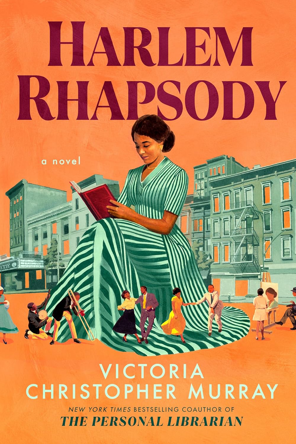 Orange book cover with Harlem Rhapsody in large purple lettering above the image of a Black woman in a green dress reading. She is as large as the green images of the city block behind her. Black men and women dance, play instruments, and paint across the front of the street and the hem of her dress.